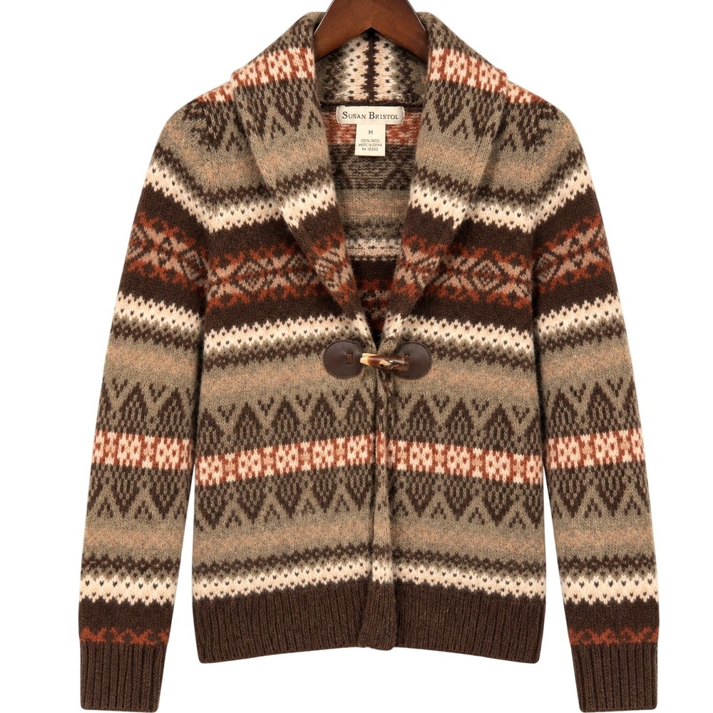 Susan Bristol Fair Isle Cardigan Women M 100% Wool Toggle Shawl Collar Nordic